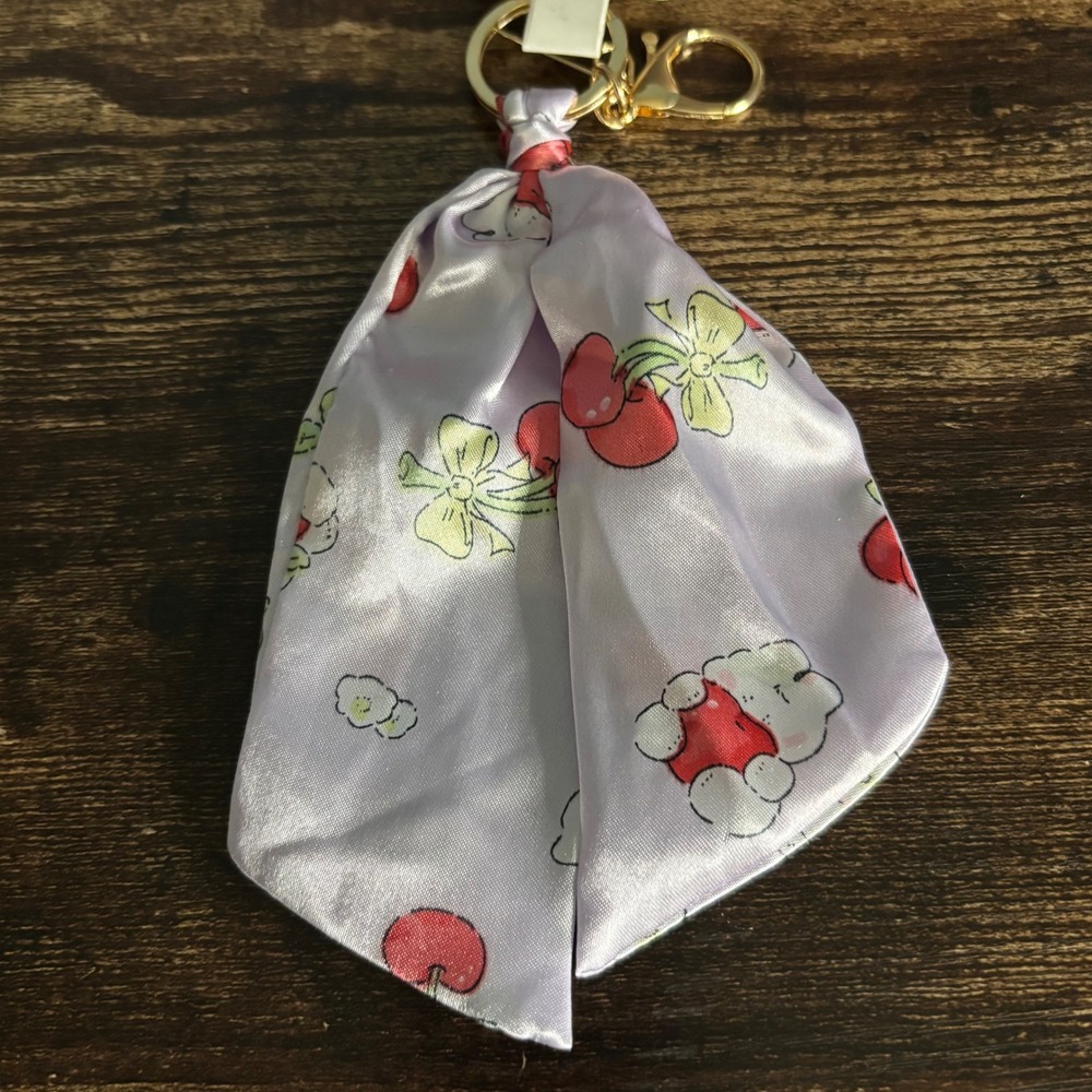 Crystal Collection Lavender Satin Scarf Bag Charm Cherry Bear Keychain Gold Tone